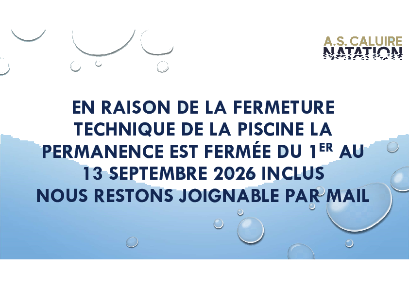 Fermeture piscine du lundi 31 août au dimanche 13 septembre